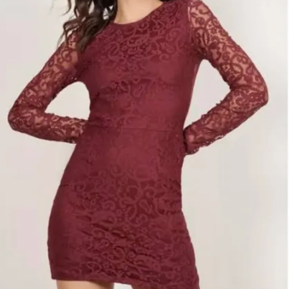 Burgundy Lace Long Sleeve Cocktail Mini Dress